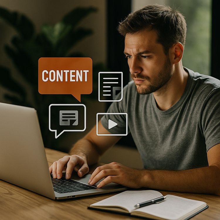 Illustration einer Person am Laptop, die Inhalte erstellt, flankiert von Symbolen für Artikel und Videos – Content-Marketing.