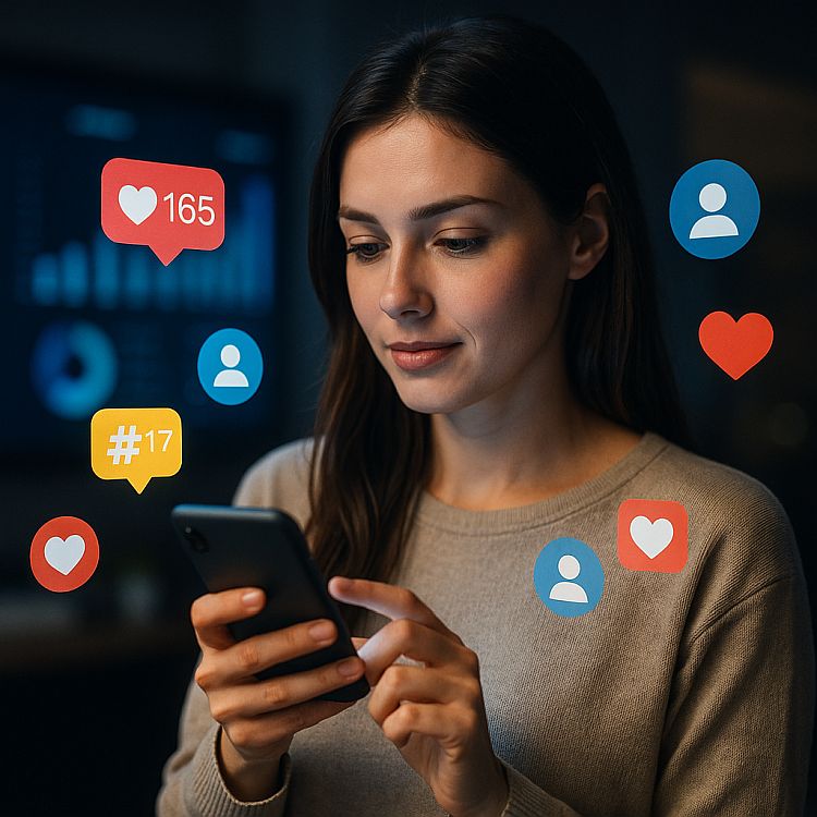 Junge Frau mit Smartphone in einer neonblauen Umgebung, umgeben von Social-Media-Icons für Likes, Hashtags und Follower.